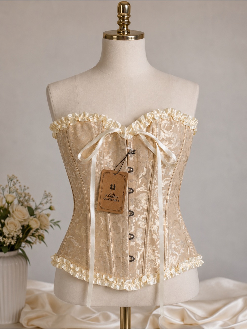 NWT Champagne Brocade Overbust Corset Bustier XS Lace-Up Boned Top